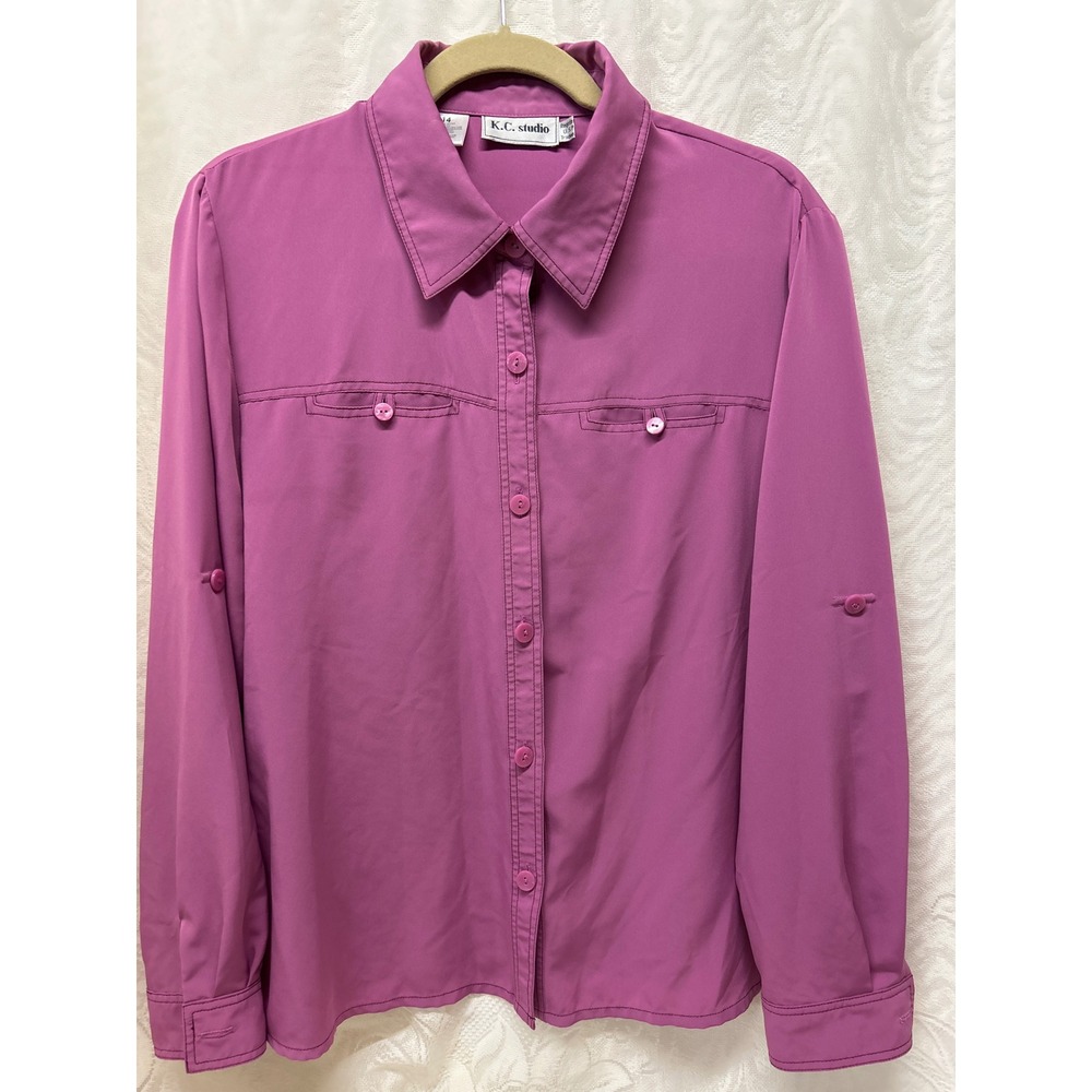 KC Studio Magenta Button Down Roll Tab Sleeve Utility Shirt Womens 14 Purple